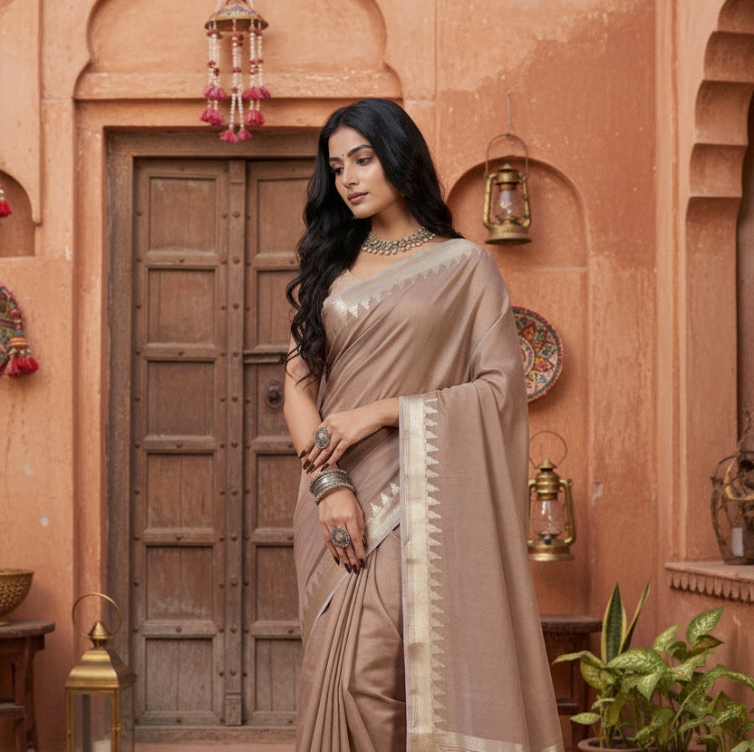 Women's Cotton Printed Saree With Unstitched Blouse 5.5Mtr (Beige)