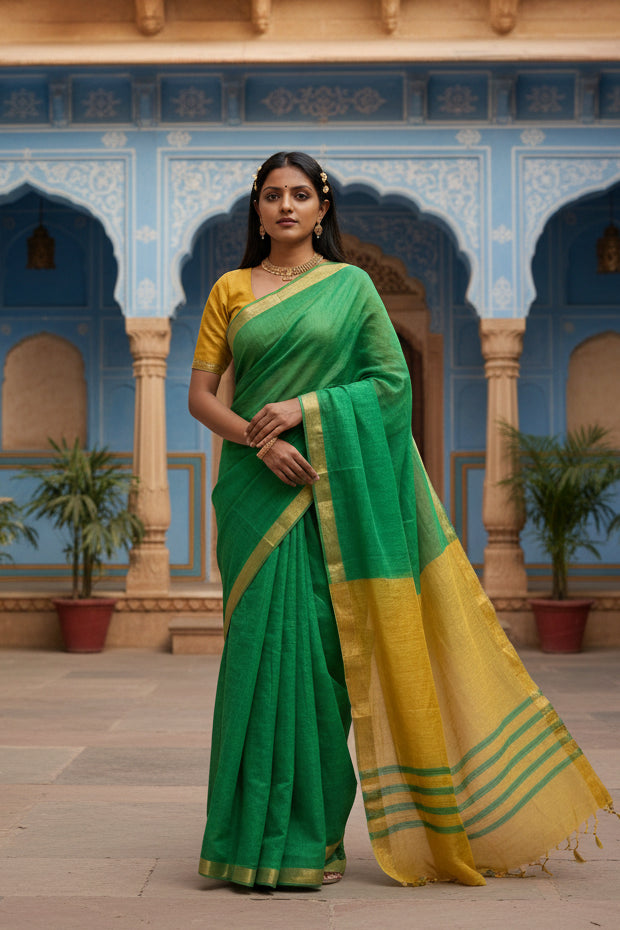 Women's cotton printed saree with unstitched blouse 5