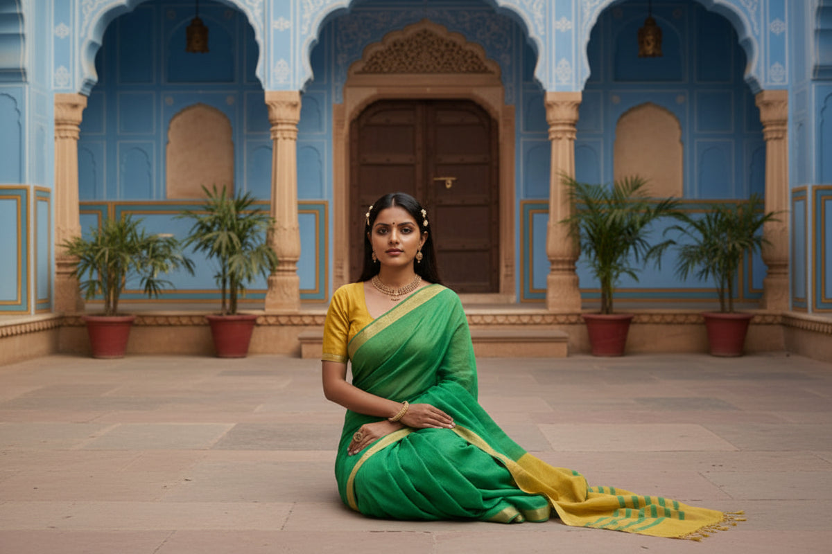 Pid 65224 women s cotton printed saree with unstitched blouse 5 5 mtr green 1 1000x1000_800a6c73 5e03 4586 a872 bcb4001cc5c3