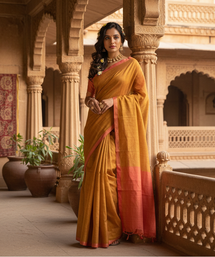 Women's Cotton Printed Saree With Unstitched Blouse 5.5Mtr (Mustrad)