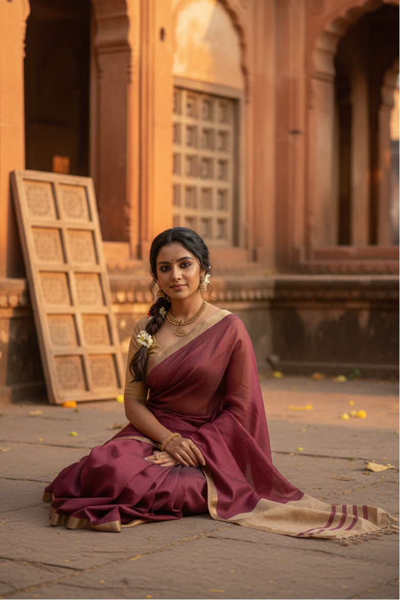 Women's Cotton Printed Saree With Unstitched Blouse 5.5Mtr (Wine)