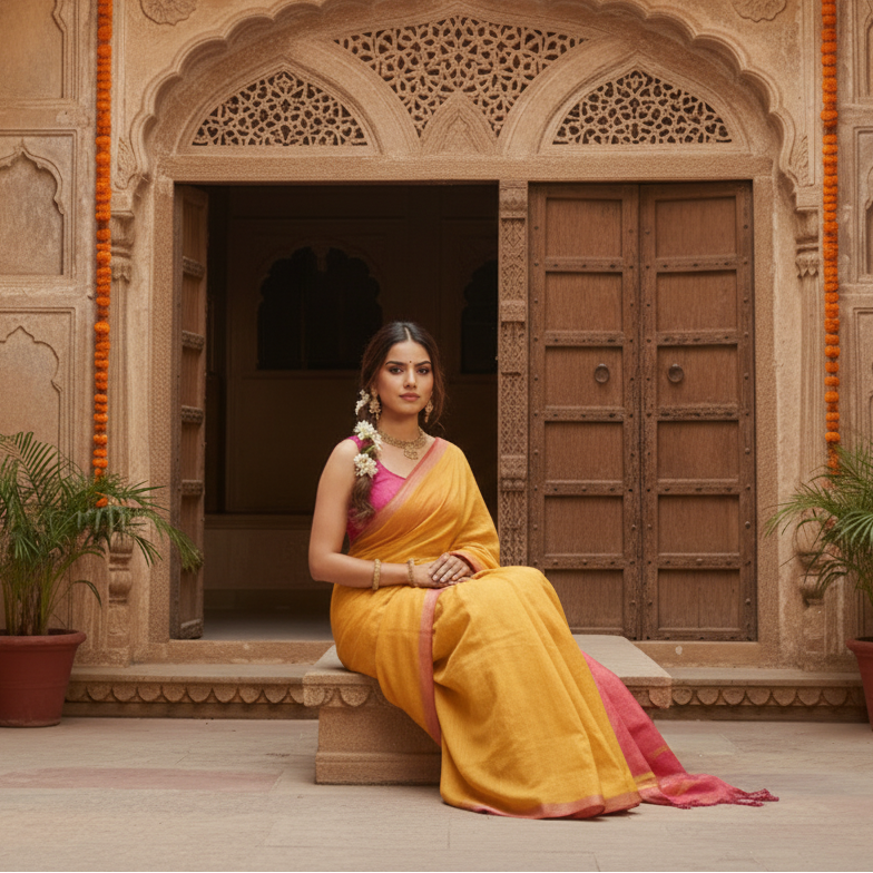 Women's Cotton Printed Saree With Unstitched Blouse 5.5Mtr (Yellow)