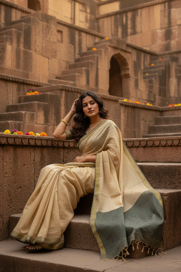 Women's Cotton Printed Saree With Unstitched Blouse 5.5Mtr (Beige)