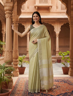 Load image into Gallery viewer, Women's Linen Cotton Printed Saree With Unstitched Blouse 5.5Mtr (Olive Green)
