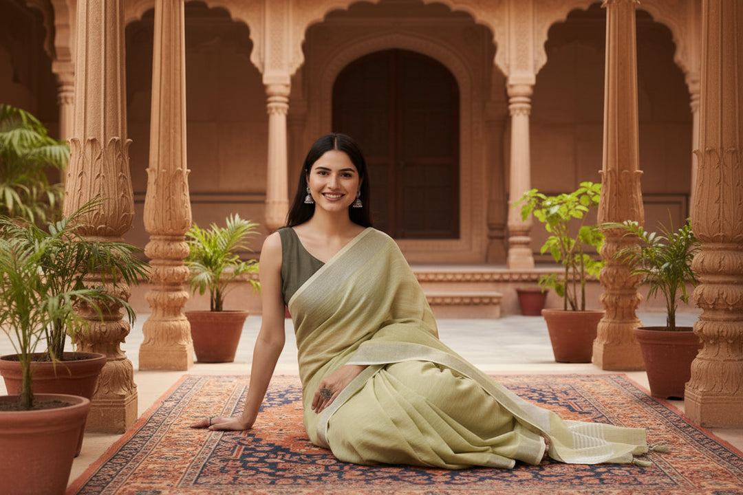 Women's Linen Cotton Printed Saree With Unstitched Blouse 5.5Mtr (Olive Green)