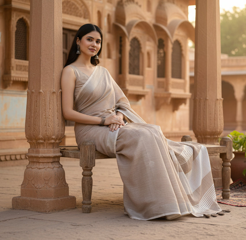 Pid 65231 women s linen cotton printed saree with unstitched blouse 5 5 mtr beige 1 1000x1000