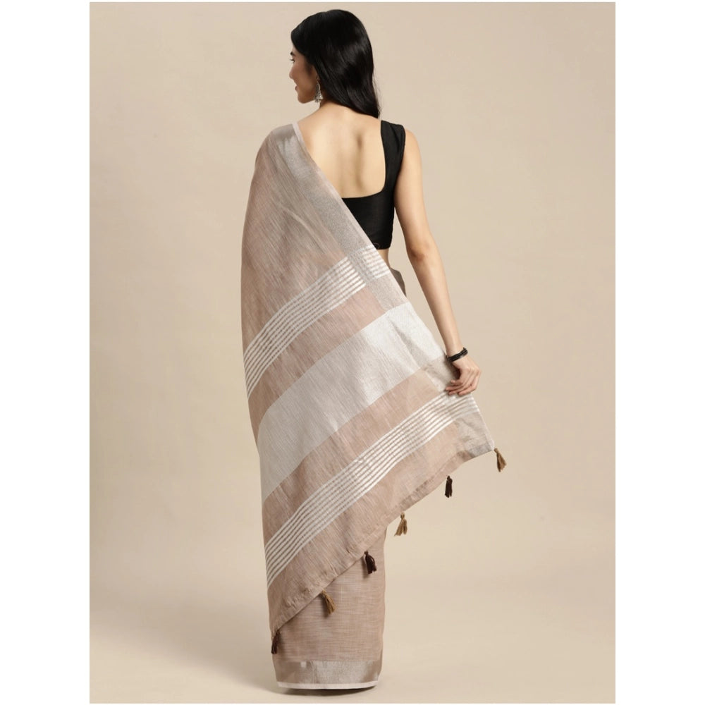 Women's linen cotton printed saree with unstitched blouse 5