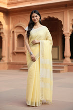 Load image into Gallery viewer, Women's Linen Cotton Printed Saree With Unstitched Blouse 5.5Mtr (Yellow)
