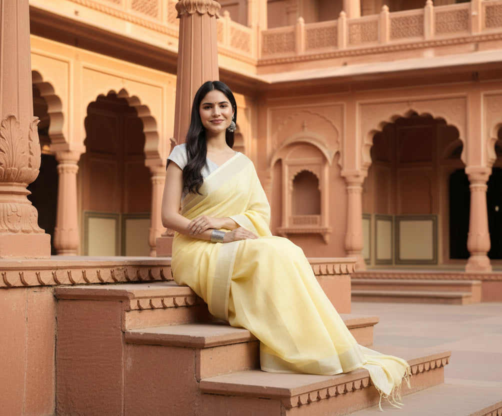 Women's Linen Cotton Printed Saree With Unstitched Blouse 5.5Mtr (Yellow)