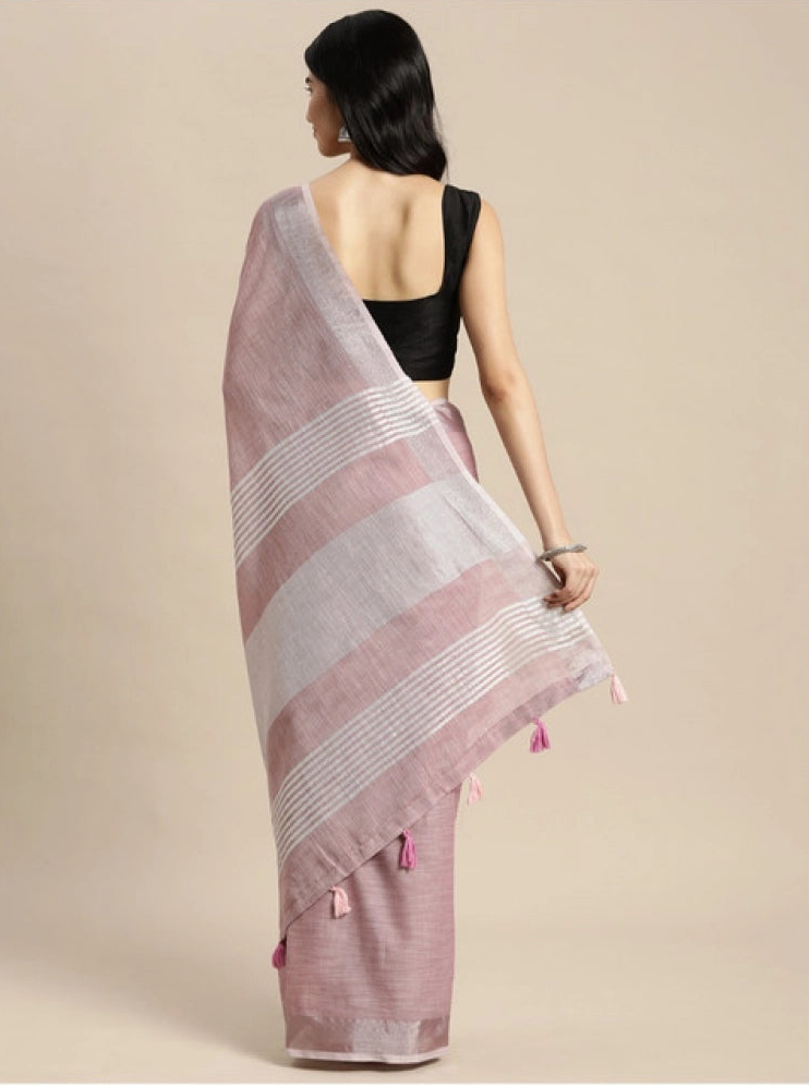 Women's Linen Cotton Printed Saree With Unstitched Blouse 5.5Mtr (Purple)