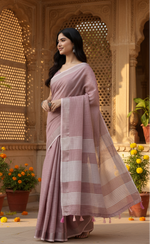 Load image into Gallery viewer, Women's Linen Cotton Printed Saree With Unstitched Blouse 5.5Mtr (Purple)
