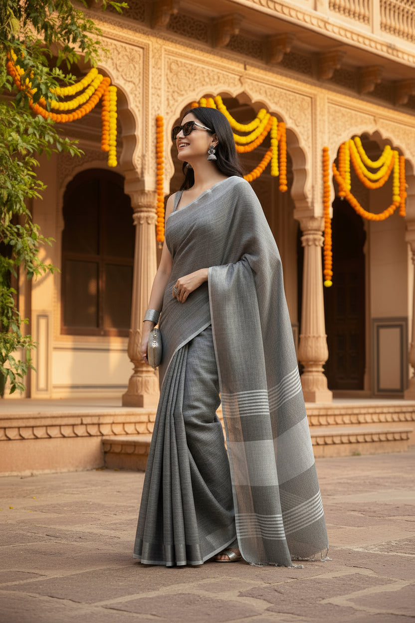 Women's Linen Cotton Printed Saree With Unstitched Blouse 5.5Mtr (Dark Grey)
