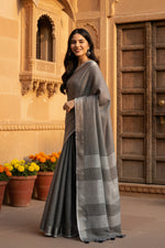 Load image into Gallery viewer, Women's Linen Cotton Printed Saree With Unstitched Blouse 5.5Mtr (Dark Grey)
