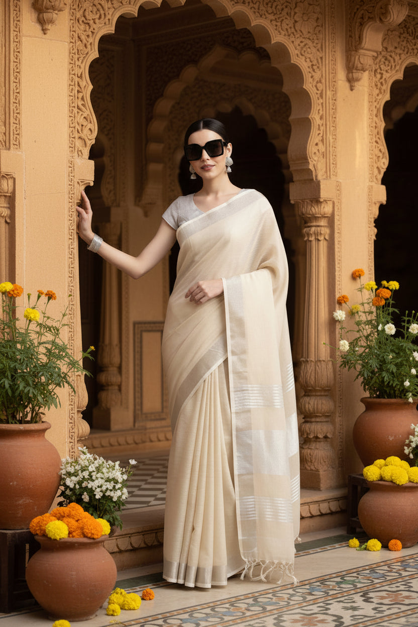 Women's Linen Cotton Printed Saree With Unstitched Blouse 5.5Mtr (Cream)