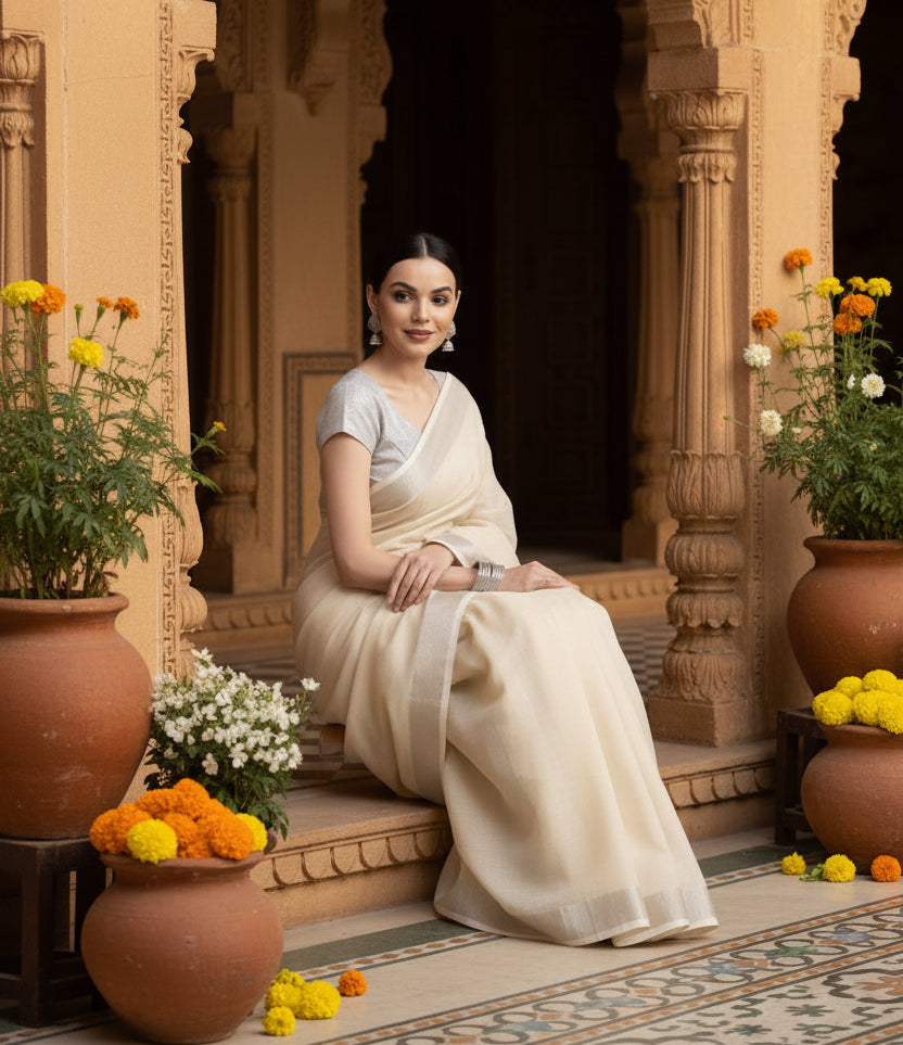 Women's linen cotton printed saree with unstitched blouse 5