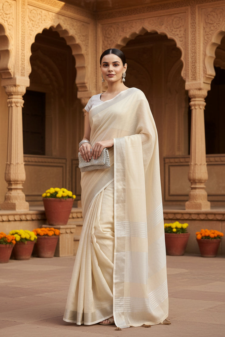Women's Linen Cotton Printed Saree With Unstitched Blouse 5.5Mtr (Cream)
