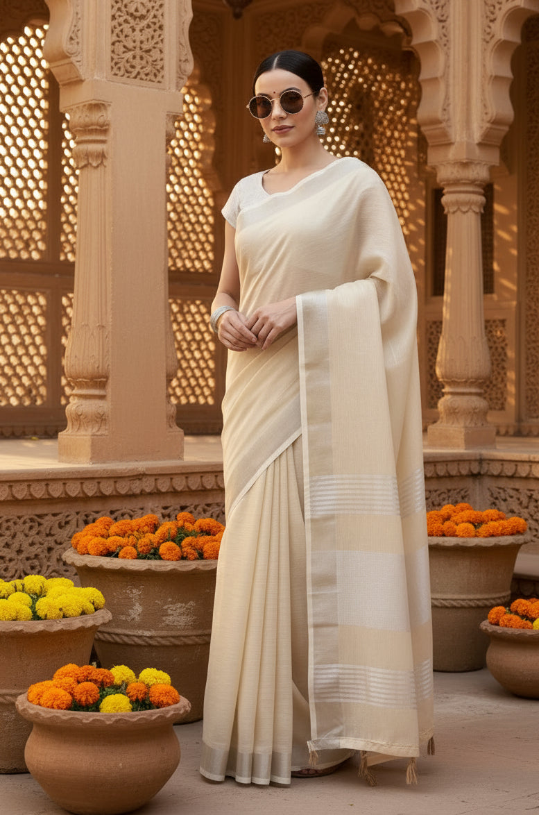 Women's Linen Cotton Printed Saree With Unstitched Blouse 5.5Mtr (Cream)
