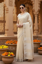Load image into Gallery viewer, Women's Linen Cotton Printed Saree With Unstitched Blouse 5.5Mtr (Cream)
