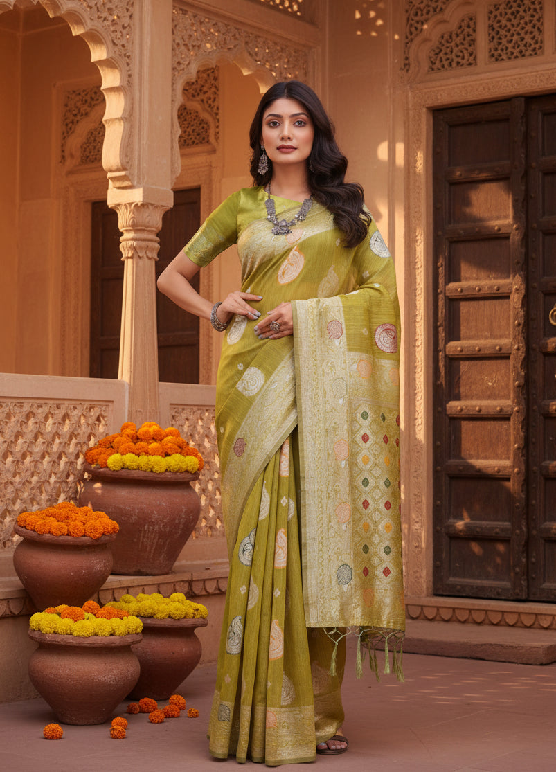 Women's Linen Cotton Printed Saree With Unstitched Blouse 5.5Mtr (Mustrad)