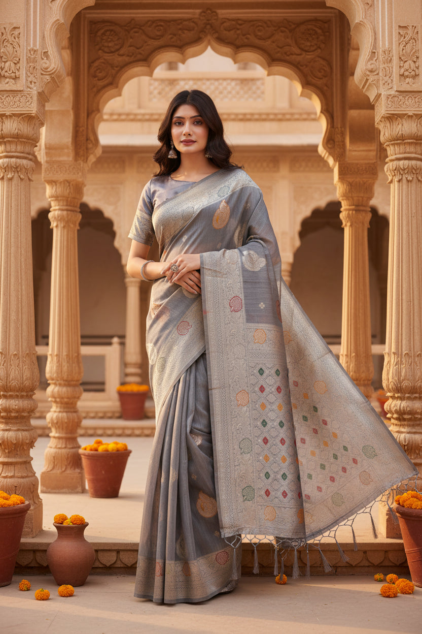 Women's Linen Cotton Printed Saree With Unstitched Blouse 5.5Mtr (Grey)