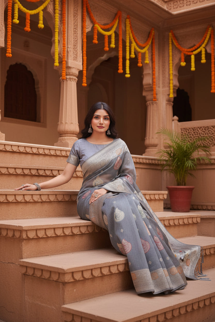 Women's linen cotton printed saree with unstitched blouse 5