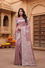 Load image into Gallery viewer, Women's Linen Cotton Printed Saree With Unstitched Blouse 5.5Mtr (Purple)
