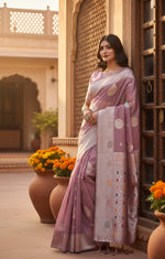 Load image into Gallery viewer, Women's Linen Cotton Printed Saree With Unstitched Blouse 5.5Mtr (Purple)

