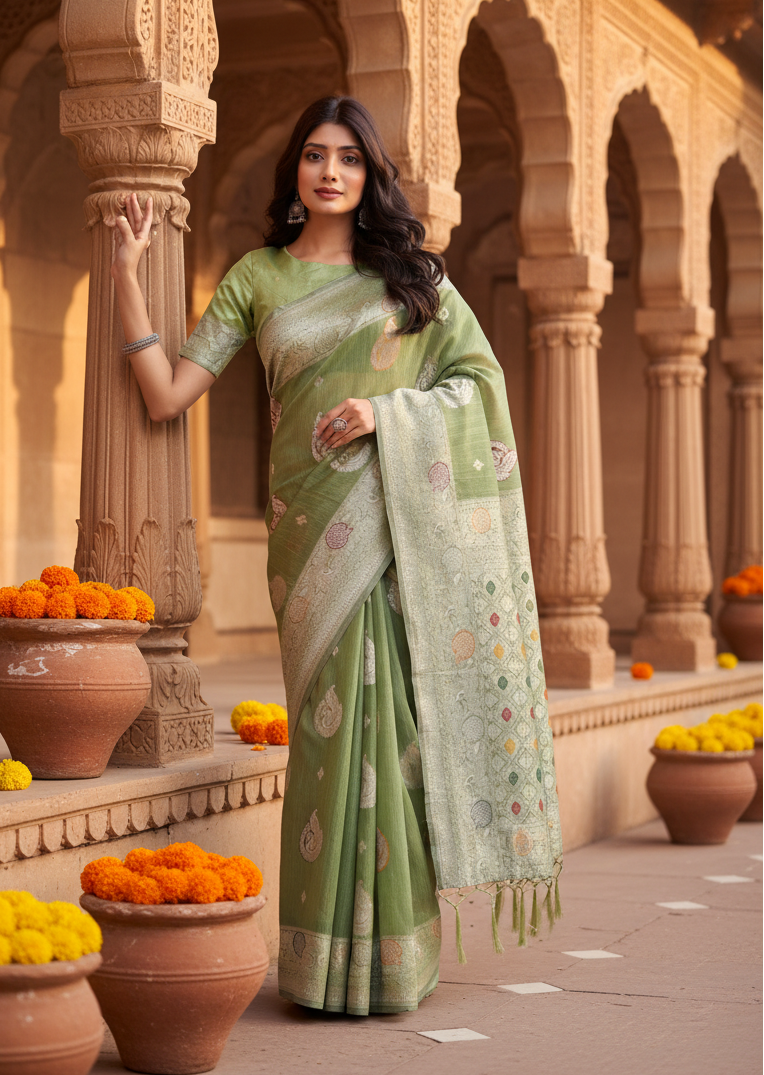 Women's Linen Cotton Printed Saree With Unstitched Blouse 5.5Mtr (Light Green)