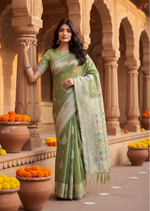 Load image into Gallery viewer, Women's Linen Cotton Printed Saree With Unstitched Blouse 5.5Mtr (Light Green)

