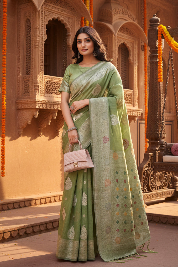 Women's Linen Cotton Printed Saree With Unstitched Blouse 5.5Mtr (Light Green)