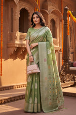 Load image into Gallery viewer, Women's Linen Cotton Printed Saree With Unstitched Blouse 5.5Mtr (Light Green)
