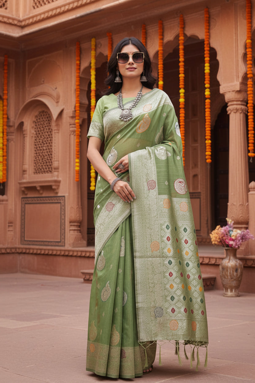 Women's Linen Cotton Printed Saree With Unstitched Blouse 5.5Mtr (Light Green)