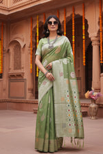 Load image into Gallery viewer, Women's Linen Cotton Printed Saree With Unstitched Blouse 5.5Mtr (Light Green)

