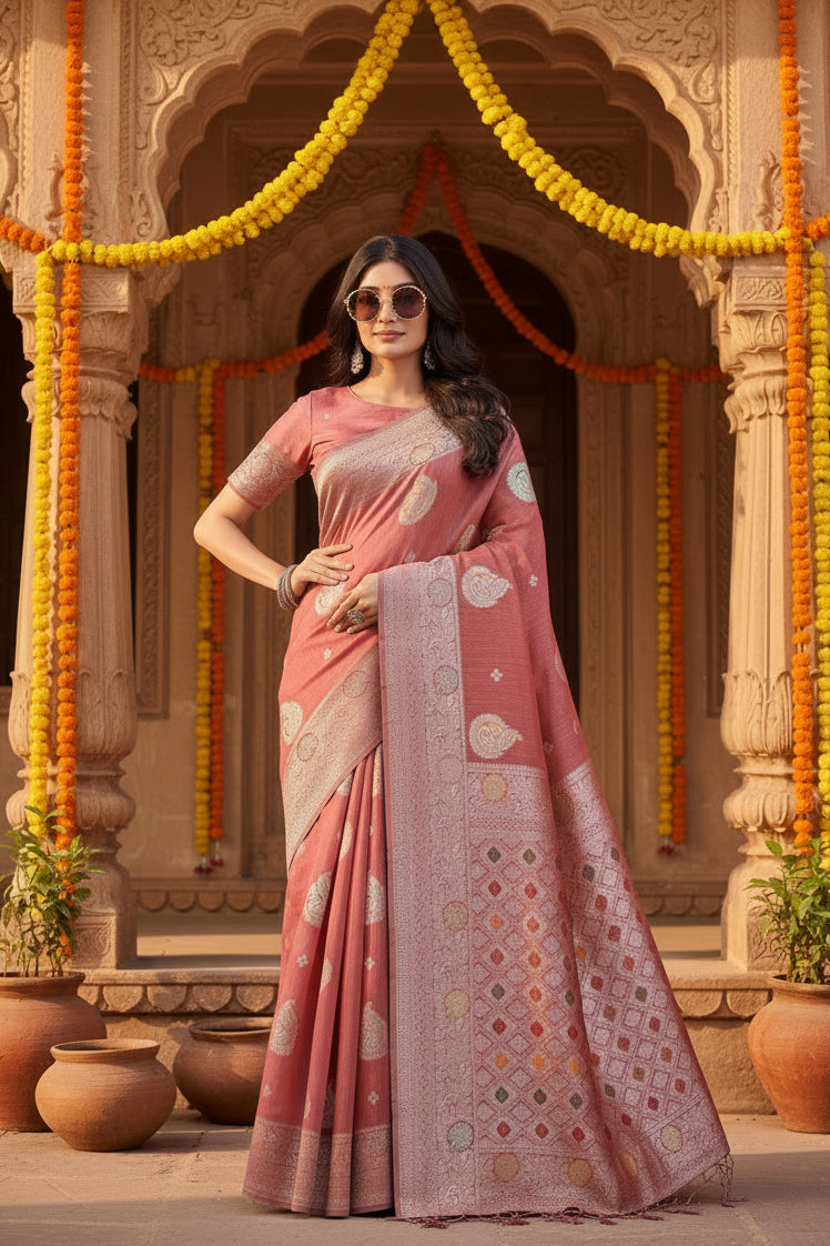 Women's linen cotton printed saree with unstitched blouse 5