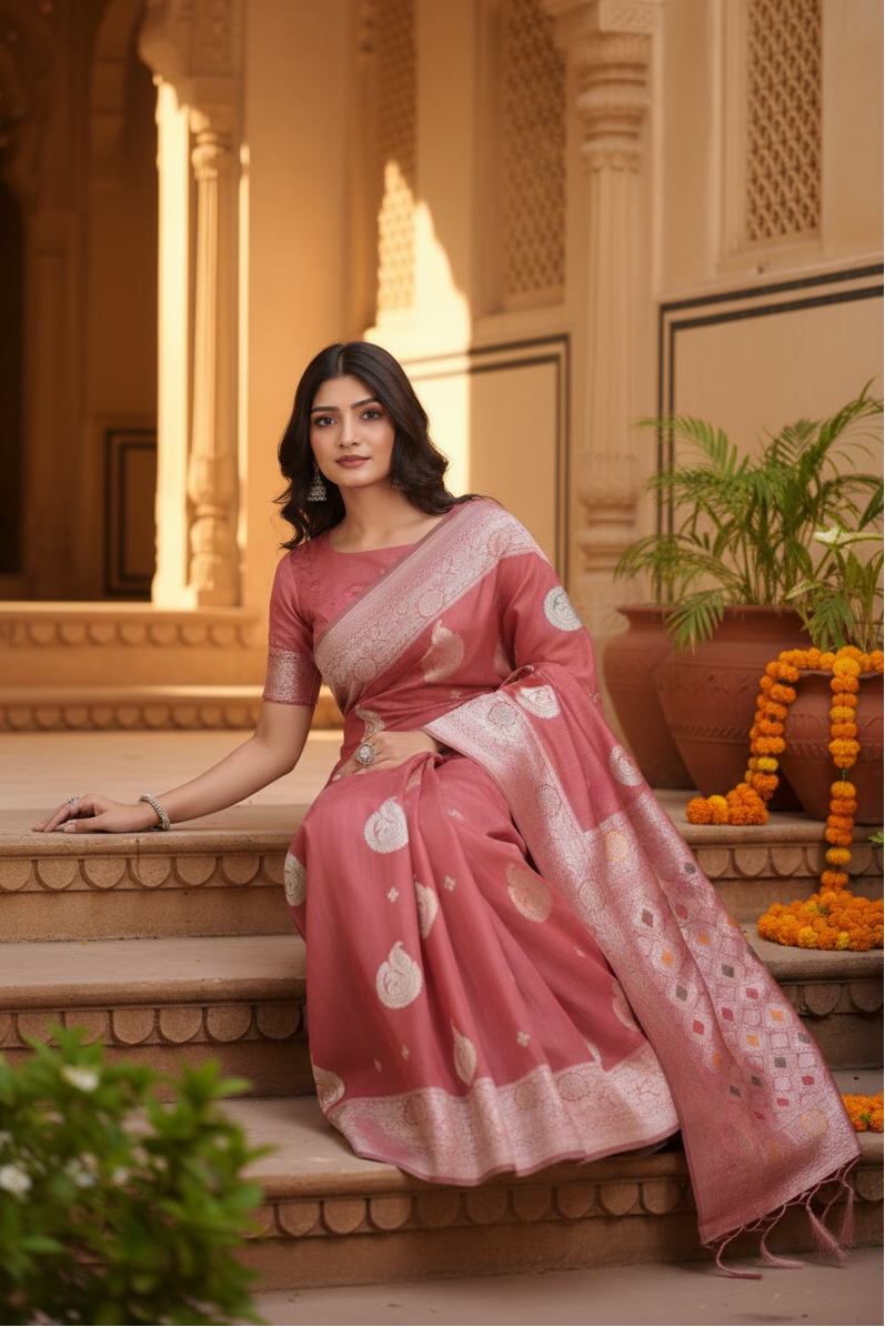 Women's Linen Cotton Printed Saree With Unstitched Blouse 5.5Mtr (Pink)