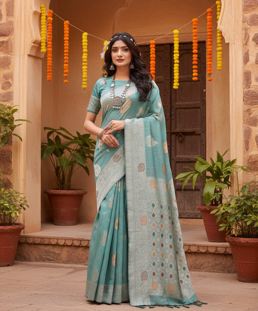 Women's Linen Cotton Printed Saree With Unstitched Blouse 5.5Mtr (Sea Green)