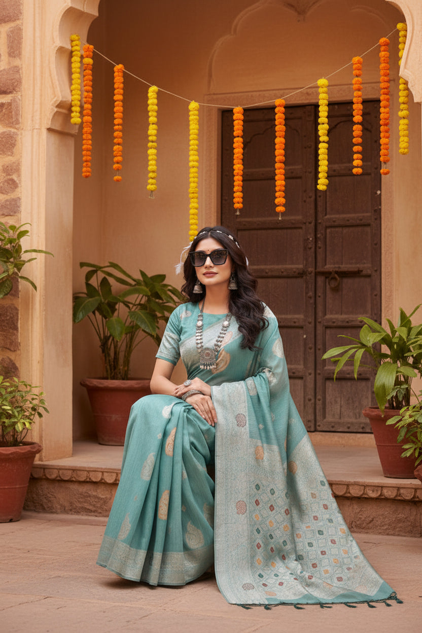 Women's linen cotton printed saree with unstitched blouse 5