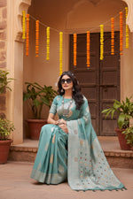 Load image into Gallery viewer, Women's Linen Cotton Printed Saree With Unstitched Blouse 5.5Mtr (Sea Green)
