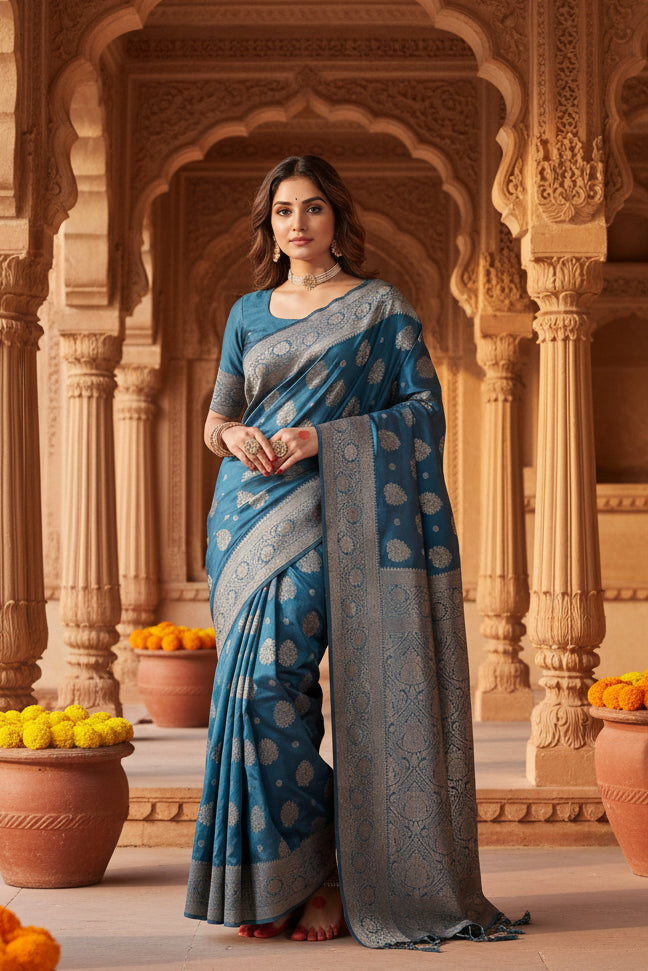 Women's silk blend printed saree with unstitched blouse 5