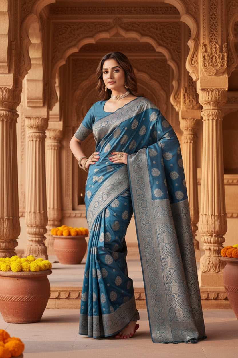 Women's Silk Blend Printed Saree With Unstitched Blouse 5.5Mtr (Teal Blue)