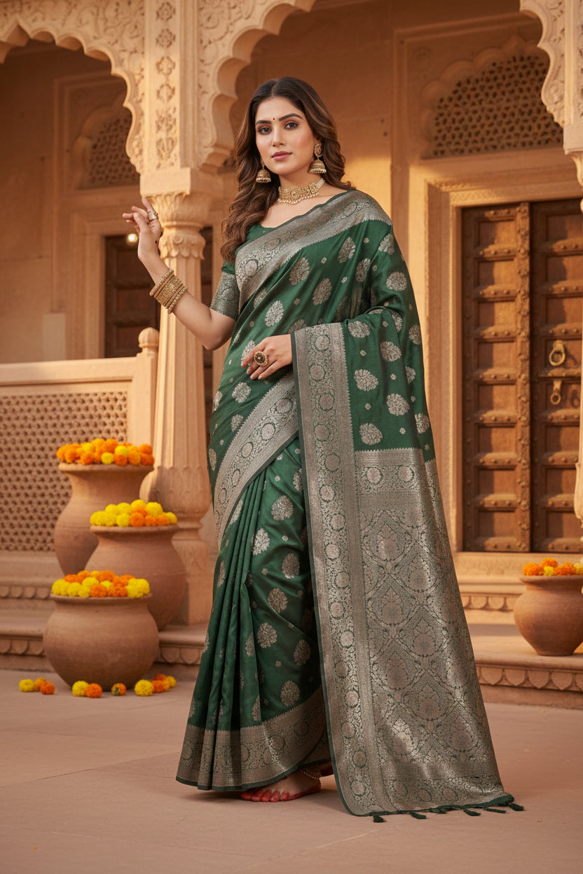 Pid 65244 women s silk blend printed saree with unstitched blouse 5 5 mtr dark green 1 1000x1000