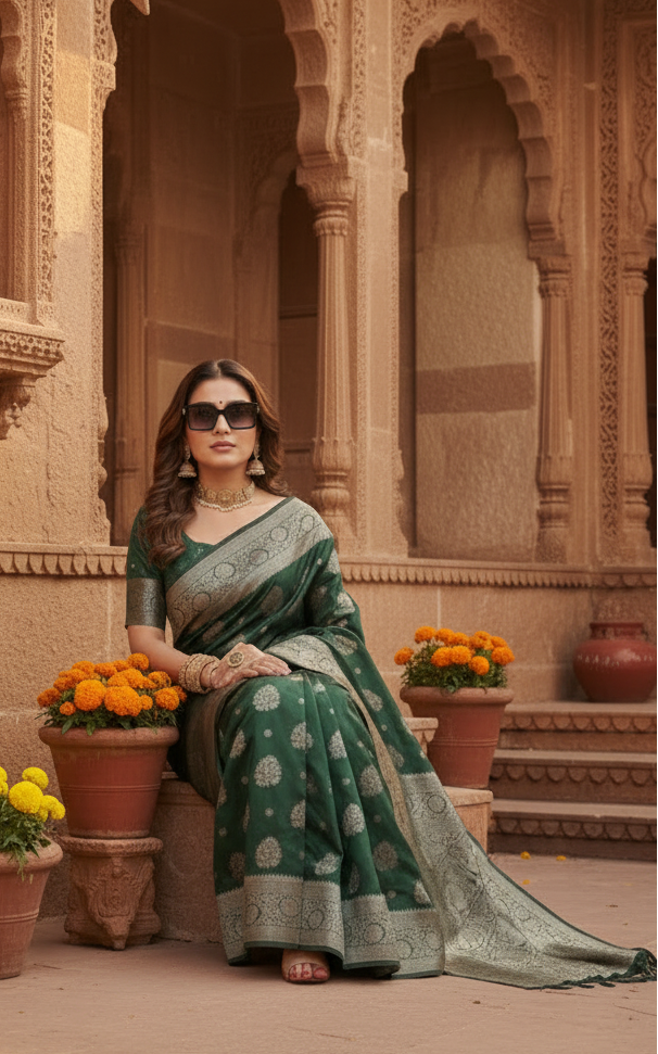 Women's Silk Blend Printed Saree With Unstitched Blouse 5.5Mtr (Dark Green)