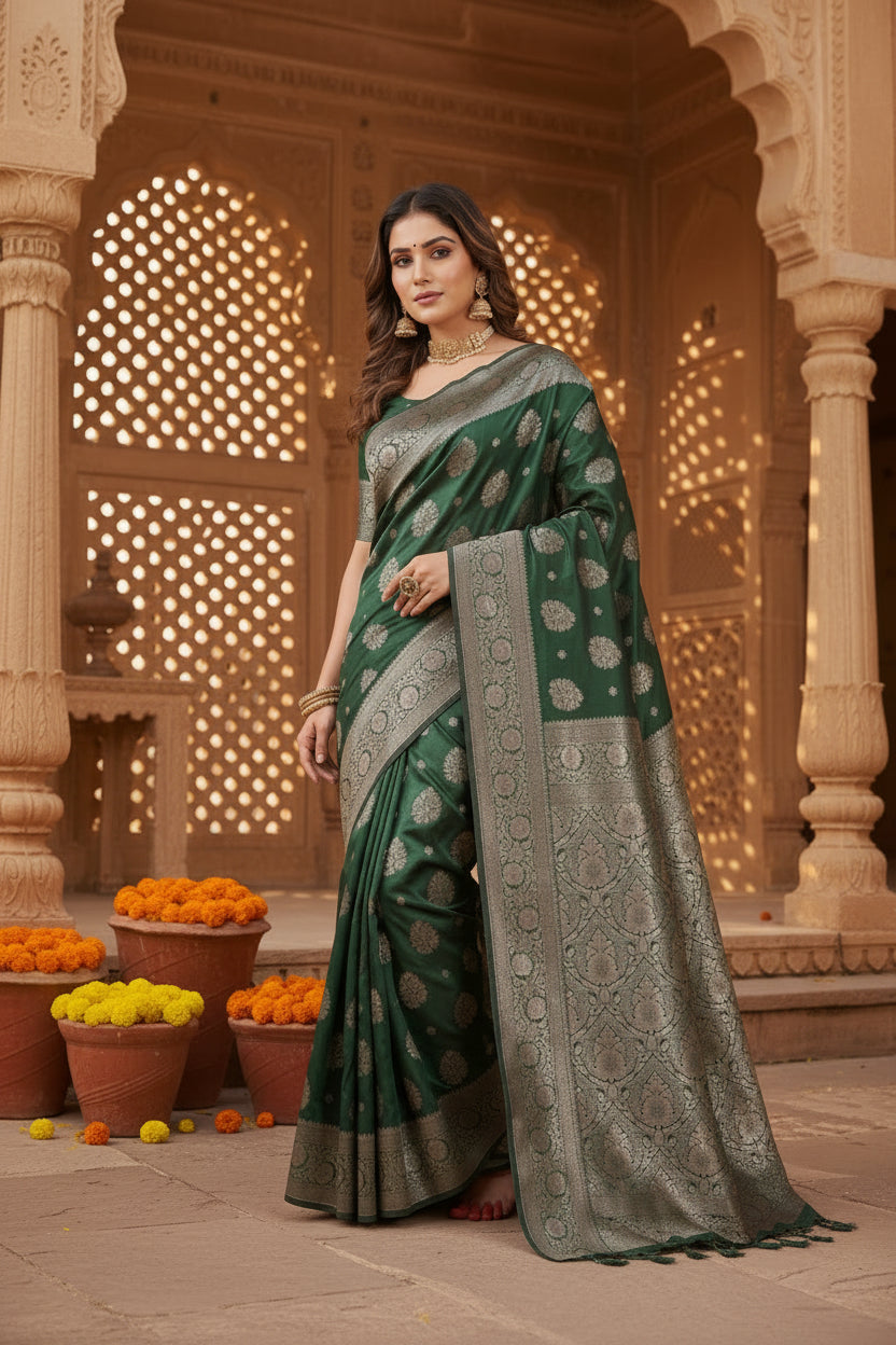 Women's Silk Blend Printed Saree With Unstitched Blouse 5.5Mtr (Dark Green)