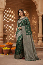 Load image into Gallery viewer, Women's Silk Blend Printed Saree With Unstitched Blouse 5.5Mtr (Dark Green)
