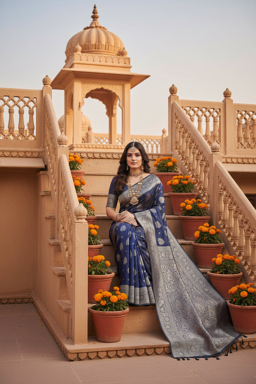 Women's silk blend printed saree with unstitched blouse 5