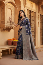 Load image into Gallery viewer, Women's Silk Blend Printed Saree With Unstitched Blouse 5.5Mtr (Navy Blue)
