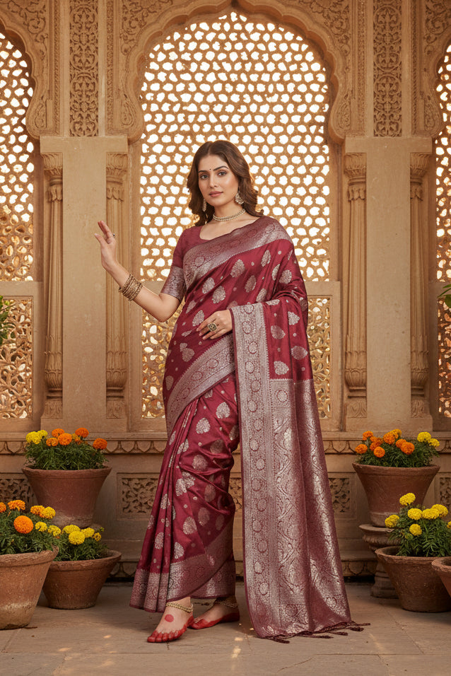 Women's Silk Blend Printed Saree With Unstitched Blouse 5.5Mtr (Maroon)