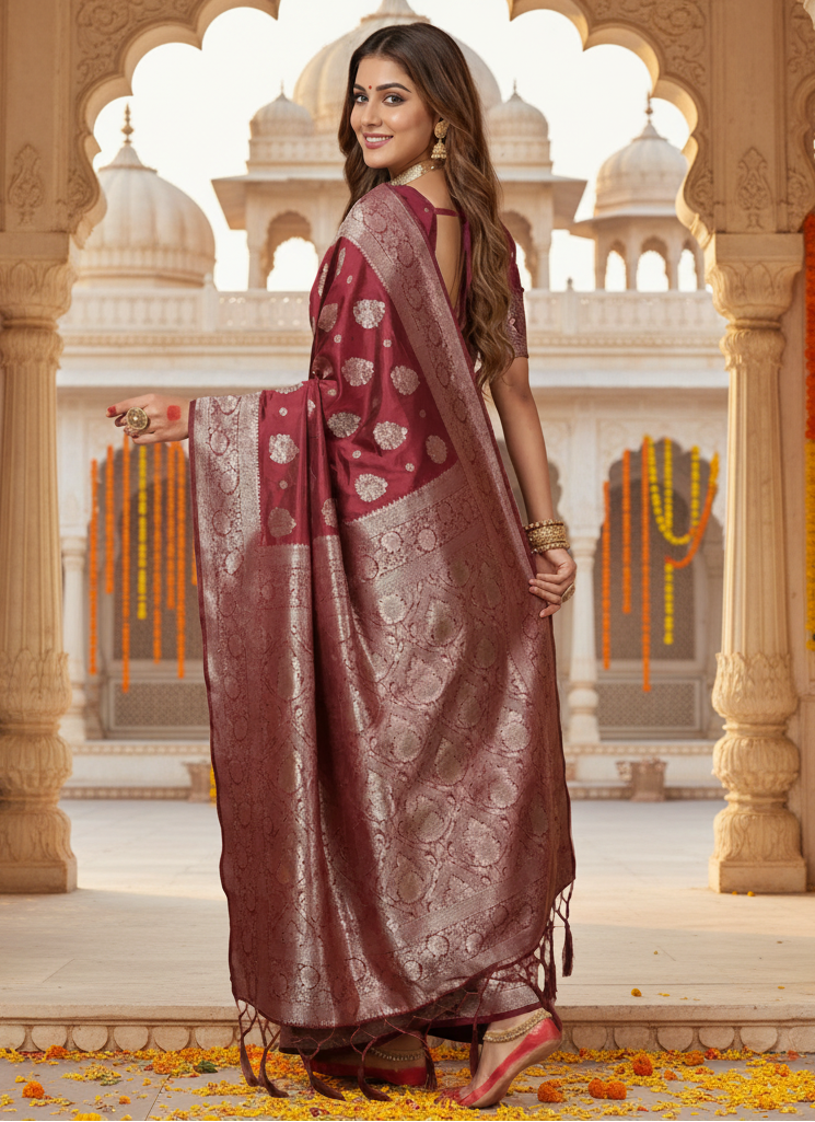 Women's Silk Blend Printed Saree With Unstitched Blouse 5.5Mtr (Maroon)