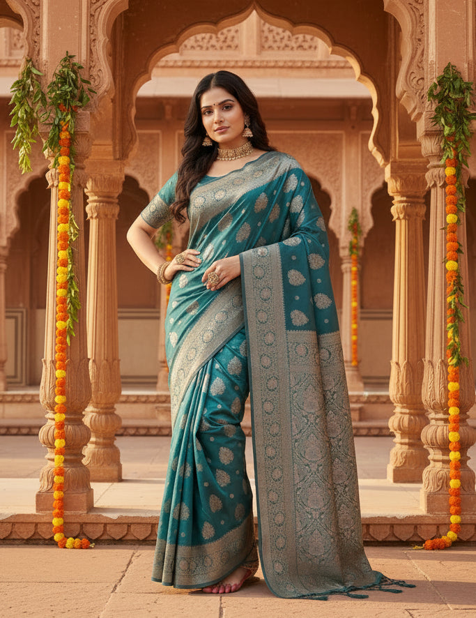 Pid 65247 women s silk blend printed saree with unstitched blouse 5 5 mtr sea green 1 1000x1000