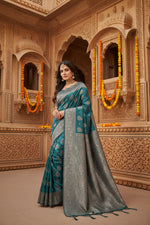 Load image into Gallery viewer, Women's Silk Blend Printed Saree With Unstitched Blouse 5.5Mtr (Sea Green)
